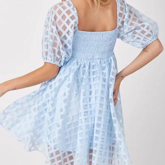 Baby Blue Checkered Puff Sleeve Mini Dress - Picture 2 of 8